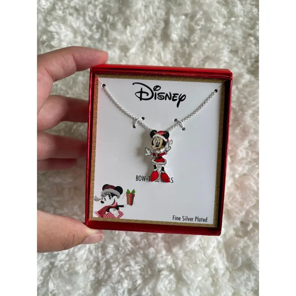 Disney Minnie Mouse Moveable Silver Plated Bow Tiful Xmas Christmas Necklace NEW